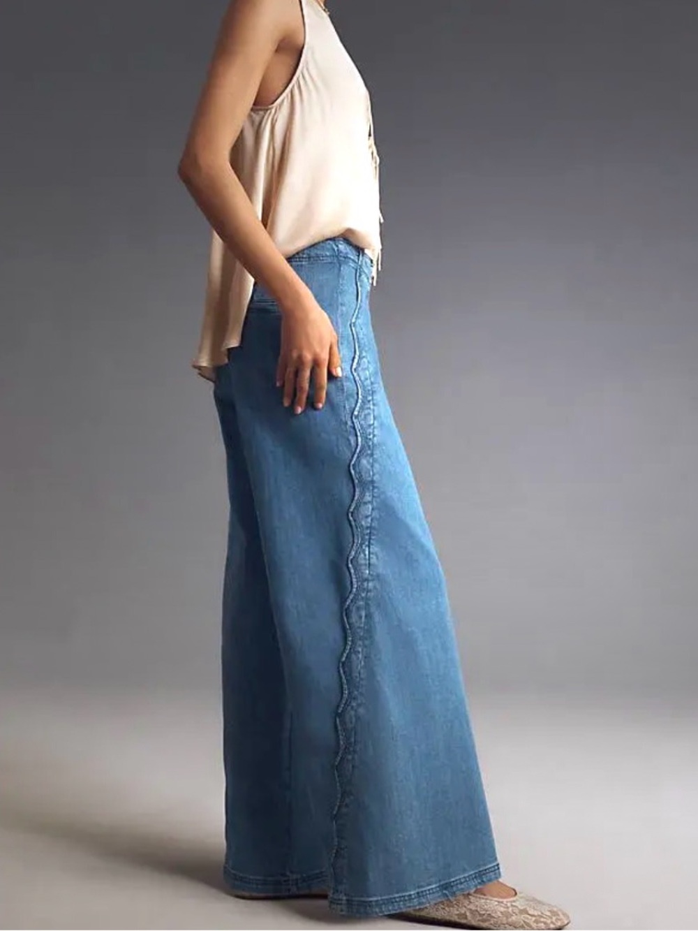 Anthropologie Maeve 26P Scallop Edge High Rise Wide Leg Jeans Medium Wash
